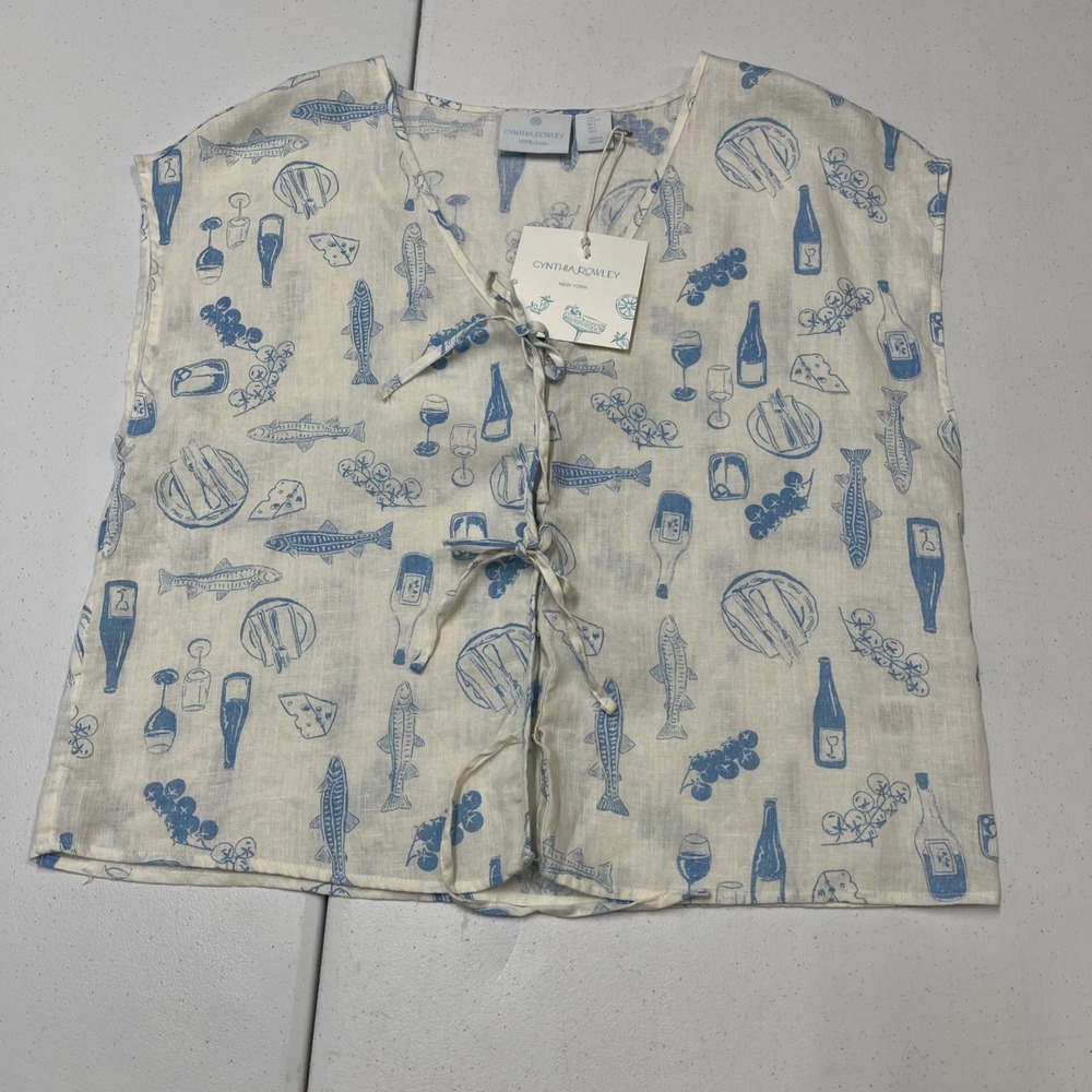 Cynthia Rowley Top White Linen Blue Italian Wine Print L Euro Summer Vacation - Picture 11 of 16
